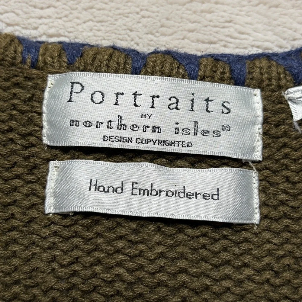 Vtg Portraits By Northern Isles Hand Embroidered Sweater Vest Womens S/M Green
